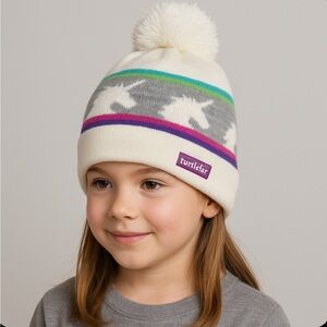 Turtle Fur Unicorn Knit Beanie w/ Pom White & Gray Kids/Youth Whimsical Pastel